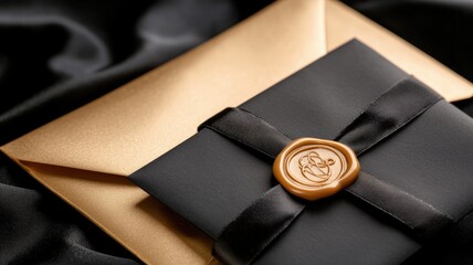 Elegant black and gold envelopes with wax seal on fabric