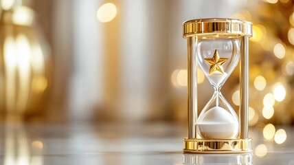 Golden hourglass with star and lights, symbolizes time success
