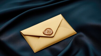 Gold envelope with wax seal on dark fabric background