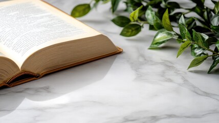 Open book on marble table with green leaves beside
