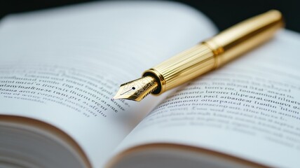 Elegant gold pen on open book with text in focus