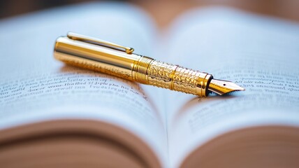 Gold fountain pen placed on open book, symbolizing writing and literature