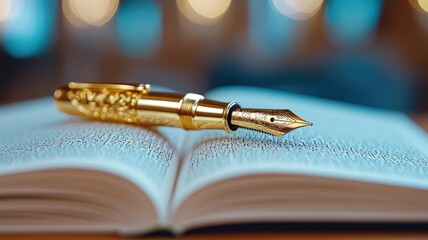 Gold fountain pen resting on open book