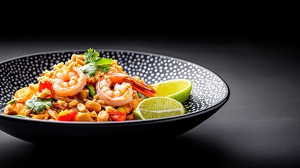 Bowl of shrimp stir-fry topped with nuts, lime, and herbs on black background
