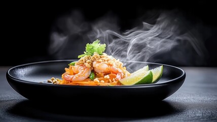 Steaming plate of Asian cuisine with shrimp, lime, and peanuts