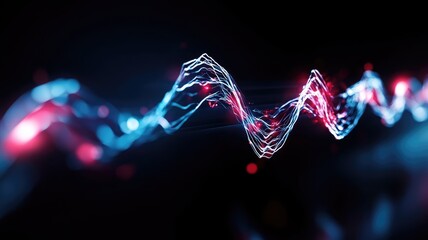Abstract glowing waveforms with red and blue lines on black background Concept of technology sound waves