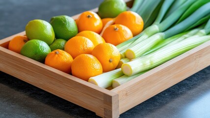 Fresh citrus fruits and green onions in wooden tray on table