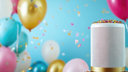 Colorful balloons and confetti celebrate festive event