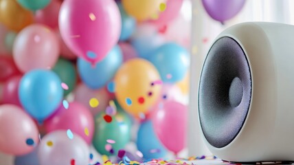Colorful balloons and speaker with confetti emphasize celebration party mood