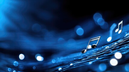 Abstract musical concept with flowing blue background and music notes