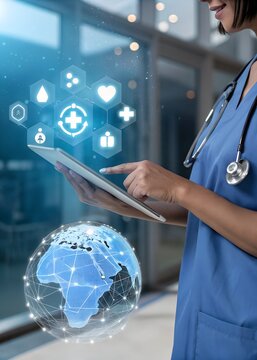 Nurse Using Tablet for Global Healthcare Tech Solutions