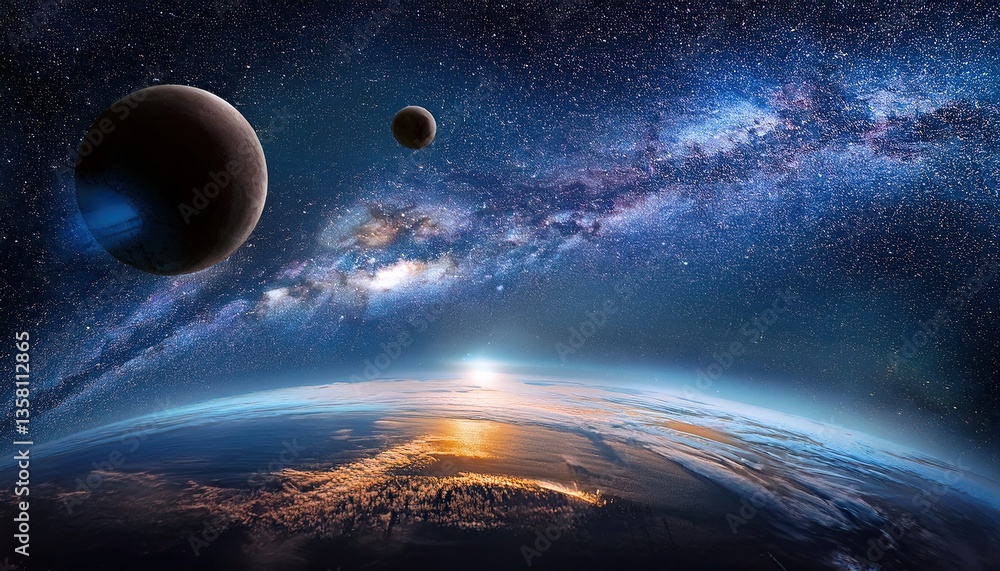 Poster exploration of cosmic wonders in the vastness of outer space at dawn