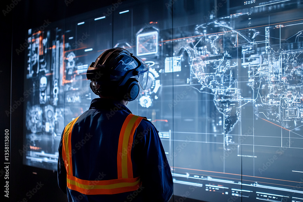 Poster worker in safety helmet and vest views large digital display showing global map and data, showcasing