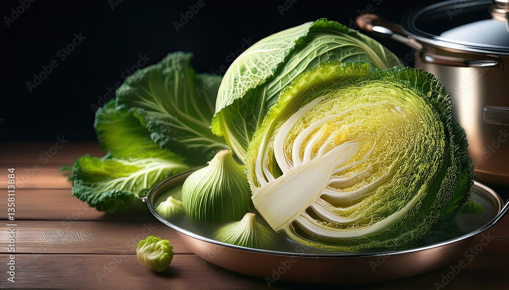 Poster Fresh cabbage being prepared for boiling in a rustic kitchen setting at dusk