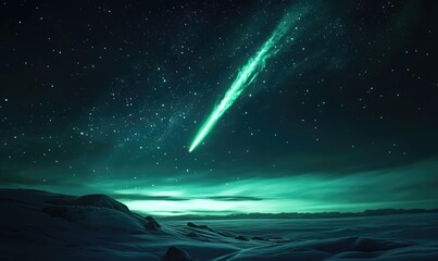 A green comet is shooting through the sky above a snowy landscape