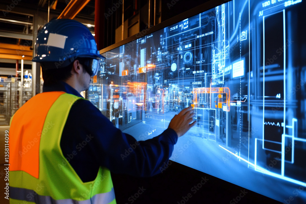 Poster worker in safety gear interacts with large digital display showing factory blueprint, symbolizing in