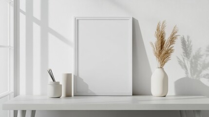 White Minimalist Desk Mockup with Pampas Grass