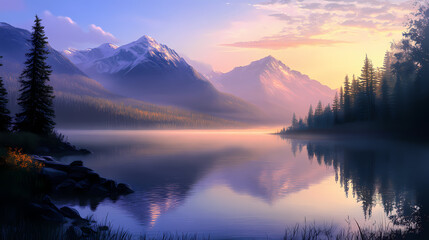 Fototapeta premium Mountain lake glimmers in the soft morning light as the sun rises casting a warm glow on the calm waters and nearby peaks. Silent Reflection. Illustration