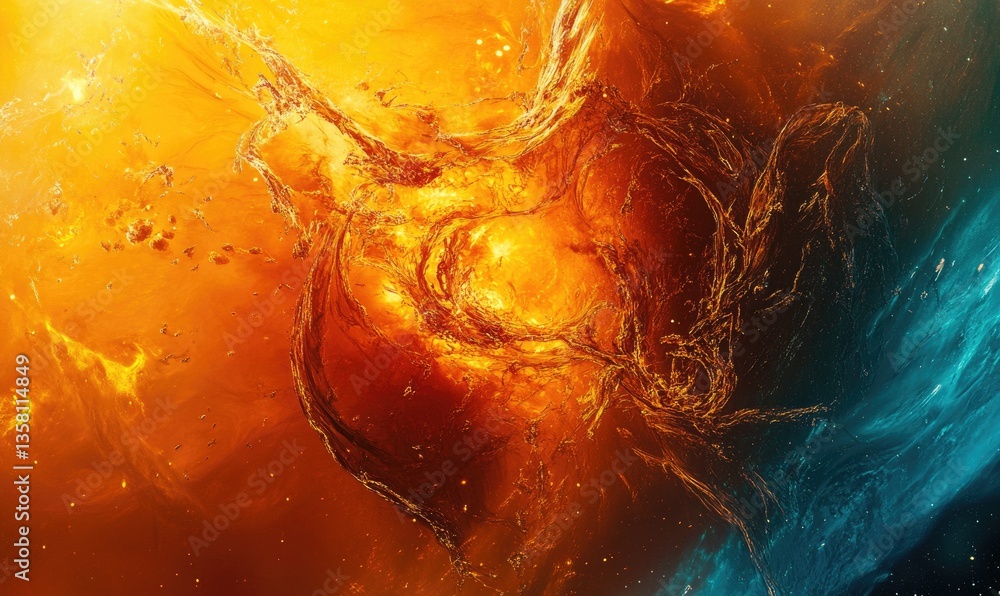 Poster a colorful space with a red and orange blob in the center