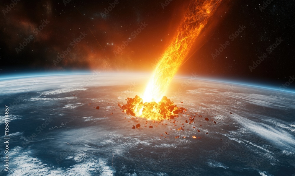 Poster a fiery explosion in space with a large crater in the middle