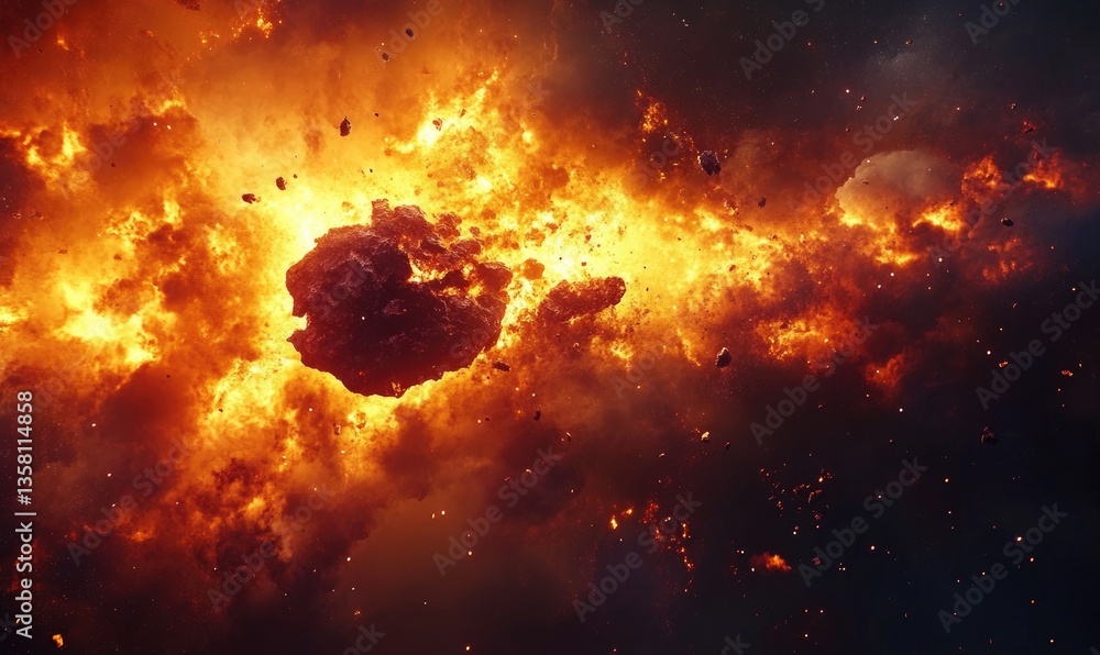 Poster a fiery explosion in space with a large rock in the center