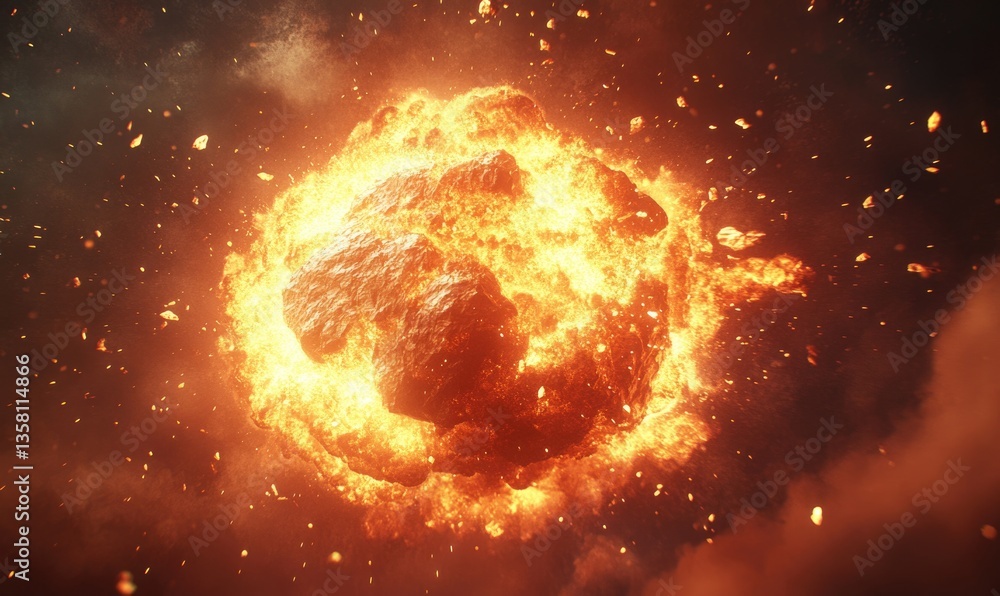 Poster a fiery explosion in space with a large rock in the center