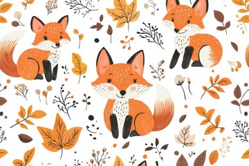 Seamless pattern with cute foxes with autumn leaves. Hand-drawn childish background with wild animals in the forest.