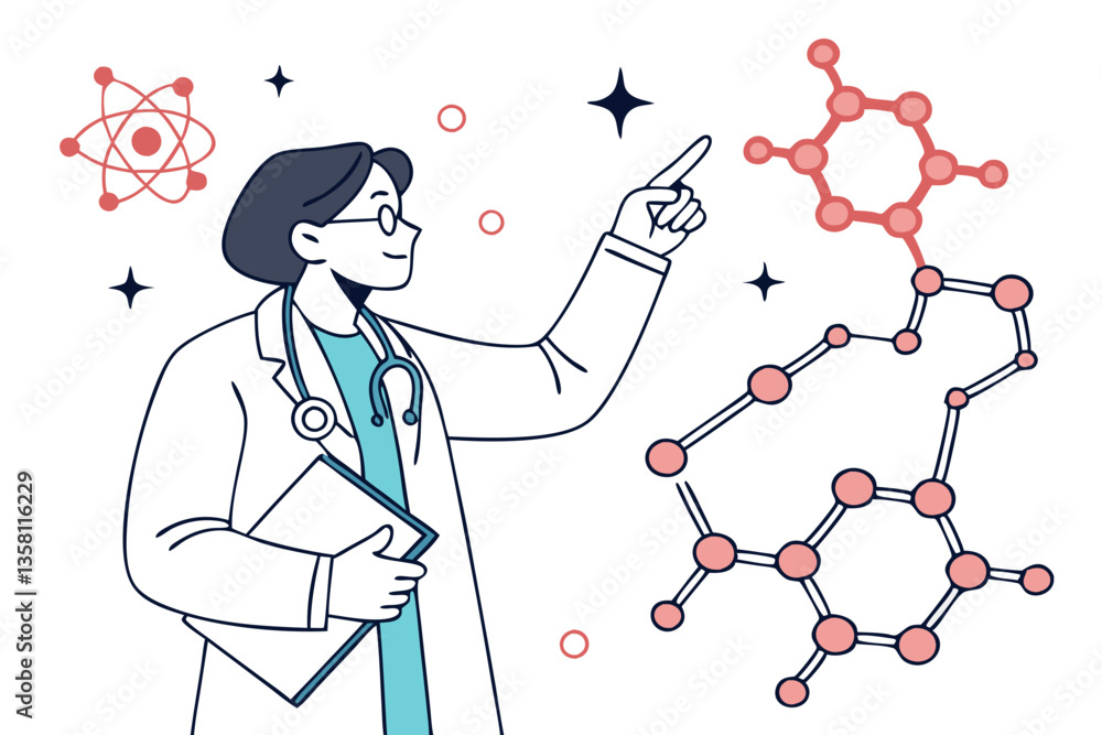 Poster a doctor gestures with a finger while discussing molecular structures and atomic theory, surrounded 