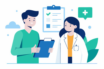A doctor in a white coat is discussing health issues with a patient who holds a clipboard. They are in a contemporary medical office filled with plants and charts