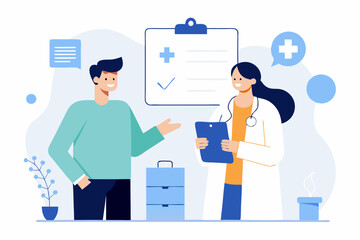 A doctor in a white coat and a patient in casual attire discuss health concerns in a contemporary medical office. Visual aids enhance their conversation, creating a welcoming environment