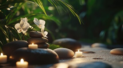 A serene spa scene featuring a stack of smooth grey stones with white orchids balanced on top