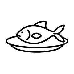 Cooked fish on plate icon in black and white outline style