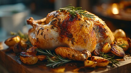 Golden brown roasted chicken garnished with fresh rosemary and served with roasted potatoes.