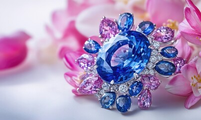 A blue and pink gemstone brooch sits on a bed of pink flowers