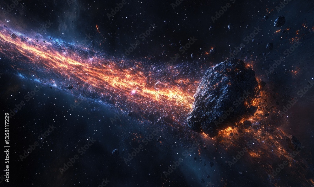 Poster a space scene with a comet and a large rock
