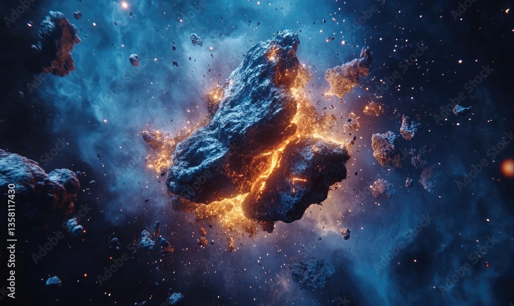 Poster a space scene with a large rock that has been destroyed by a meteor