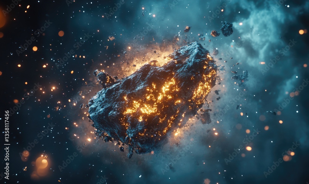 Poster a large rock is exploding in space, creating a lot of debris