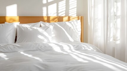 Sunlit white bed with pillows in cozy room