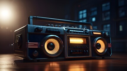 A classic boombox playing music with a futuristic light effect