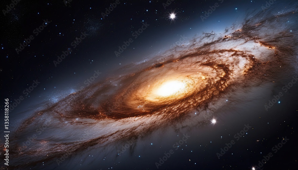 Poster mysterious dwarf galaxy spinning through the vastness of space at twilight