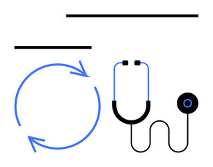 Stethoscope and two circular arrows indicating health check, progress, or feedback loop. Ideal for wellness, diagnostics, medical progress, innovation, feedback recovery healthcare strategy. Flat