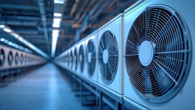 Rows of Industrial Air Conditioning Units in a Long Corridor