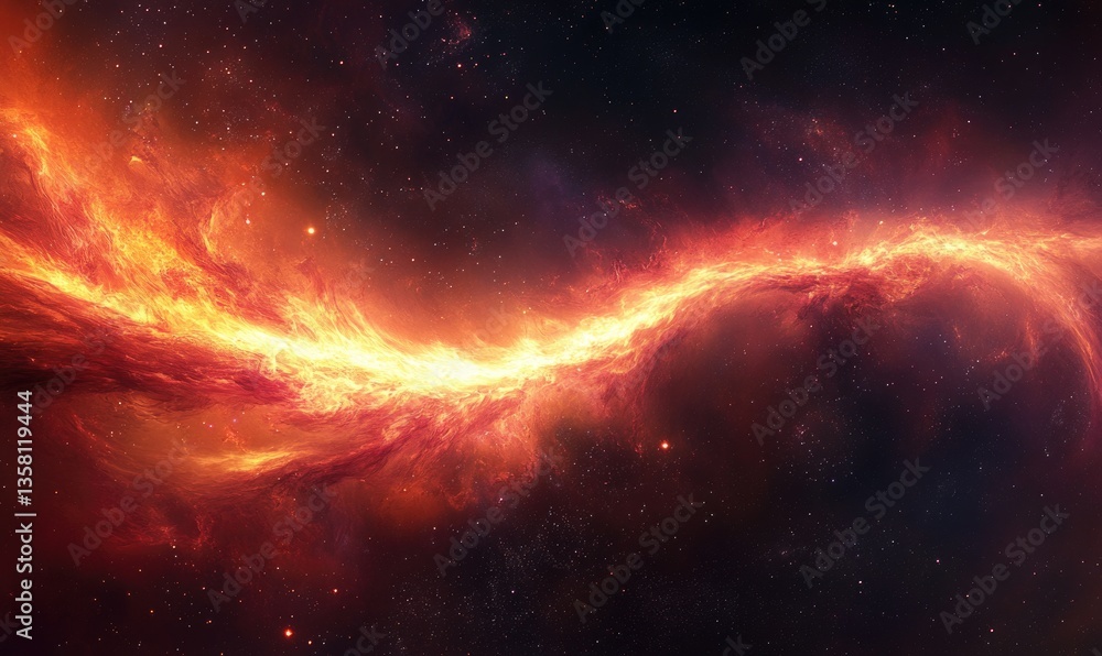 Canvas Prints a long orange streak of light in space with stars and a galaxy in the background