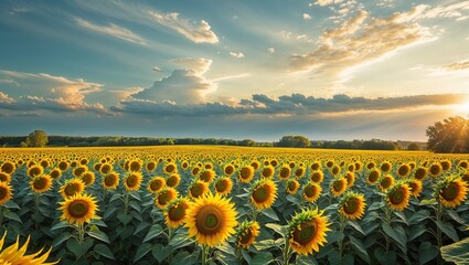 Obraz premium A lush, sprawling sunflower field bathed in the golden rays of the sun, each vibrant bloom reaching towards the horizon in a mesmerizing display of nature's beauty. The sky above is a soft canvas 