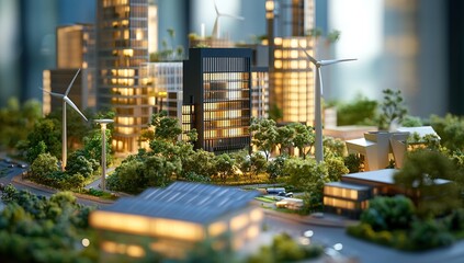 Obraz premium Illuminated Eco-Friendly City Model with Wind Turbines and Solar Panels