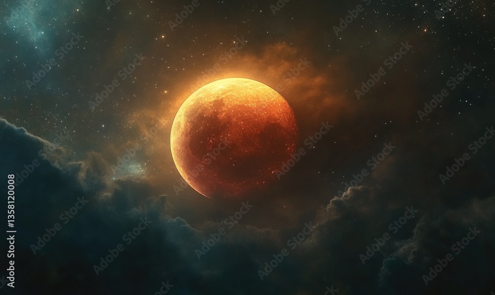 Wall mural a red planet is in the sky with a cloudy background