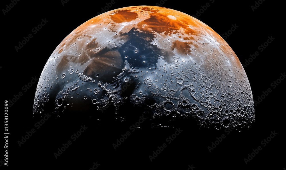 Poster a close up of the moon with a red and blue color scheme