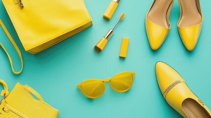 "3D Rendering of Fashion Accessories: Bag, High Heels, Lipstick, Sunglasses, and Shopping Bag on Pastel Blue Background"