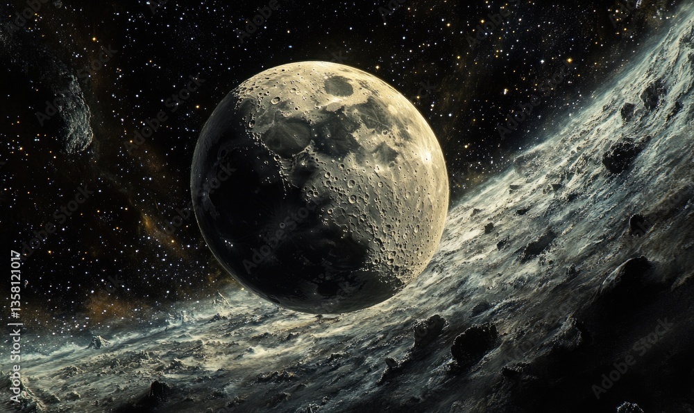 Wall mural a large moon is floating in space with a rocky surface