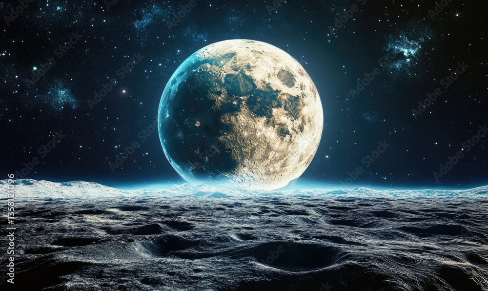 Poster a large moon is floating in the sky above a vast, empty space